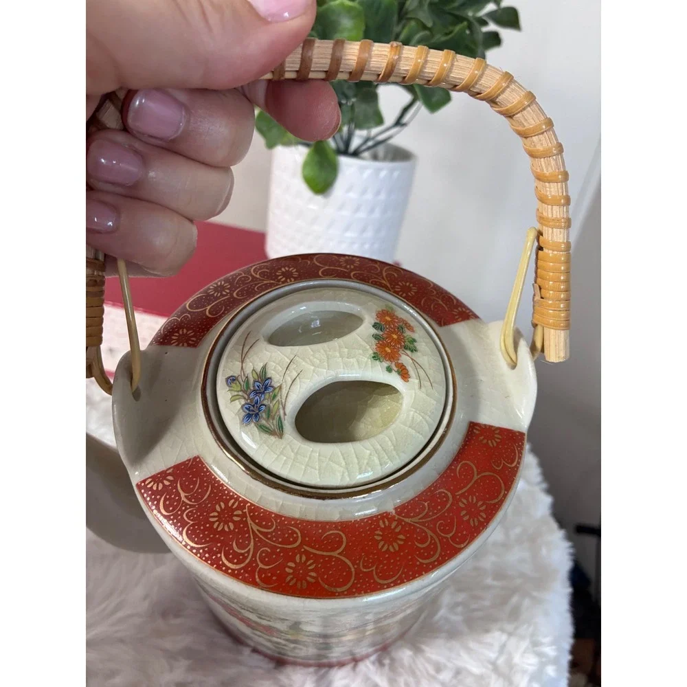 Vintage Peacock Tea Set Teapot 3 Cups Crackle Glaze Japan 1979 Arnart Satsuma